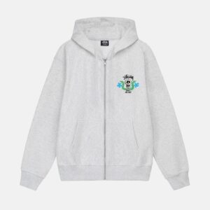 SKULL CREST ZIP GREY HOODIE